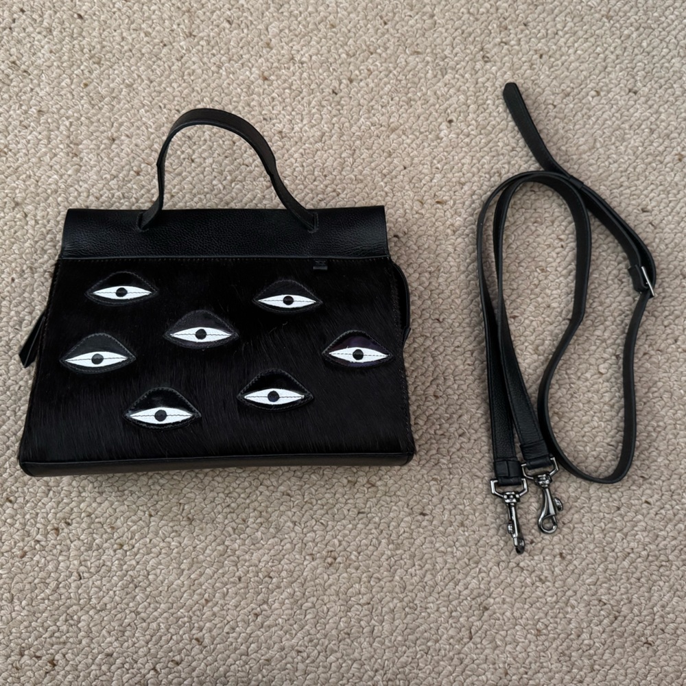 Min & Mon Vali Crossbody Small Black Leather Bag, Eyes, Fur, New